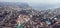 Aerial panorama of winter Yalta, old European city on Black Sea, town on mountains, beautiful resort landscape