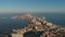 Aerial panoramic drone point of view La Manga del Mar Menor townscape and seaside spit of Mediterranean Sea, Mar Menor in Region