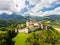 The aerial panoramic image of the medieval Gruyeres Castle