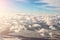 Aerial panoramic landscape view of earth with frozen lake and field. Cloudscape skyline photo from plane landing in austrian