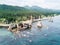 Aerial panoramic photo of cape Ptichiy nearby cape Velikan, Sakhalin island, Russia Sahalin. Surrealistic landscape of arches.