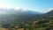 Aerial panoramic scenic natural landscape. Sunny Summer morning among mountains. Traveling in Italy, Europe