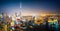 Aerial panoramic skyline of a big futuristic city by night. Business bay, Dubai