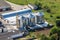 aerial panoramic view on agro-industrial complex with silos and grain drying line