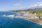 Aerial panoramic view of Arenys de Mar city at dawn.  Barcelona, Spain