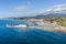 Aerial panoramic view of Arenys de Mar city at dawn.  Barcelona, Spain