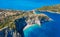 Aerial panoramic view of Assos village coast. Kefalonia island, Greece. Travel summer vocation concept