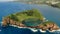 Aerial panoramic view of Azores. Top view of the Island of Vila Franca do Campo