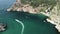 Aerial panoramic view of Balaklava landscape with boats and sea in marina bay. Crimea Sevastopol tourist attraction