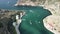 Aerial panoramic view of Balaklava landscape with boats and sea in marina bay. Crimea Sevastopol tourist attraction