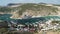 Aerial panoramic view of Balaklava landscape with boats and sea in marina bay. Crimea Sevastopol tourist attraction