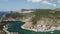 Aerial panoramic view of Balaklava landscape with boats and sea in marina bay. Crimea Sevastopol tourist attraction