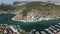 Aerial panoramic view of Balaklava landscape with boats and sea in marina bay. Crimea Sevastopol tourist attraction