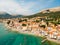 Aerial panoramic view of Baska town, popular touristic destination on island Krk, Croatia, Europe