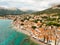 Aerial panoramic view of Baska town, popular touristic destination on island Krk, Croatia, Europe