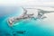 Aerial panoramic view of Cancun beach and city hotel zone in Mexico. Caribbean coast landscape of Mexican resort with