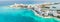 Aerial panoramic view of Cancun beach and city hotel zone in Mexico. Caribbean coast landscape of Mexican resort with