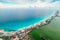 Aerial panoramic view of Cancun beach and city hotel zone in Mexico. Caribbean coast landscape of Mexican resort with