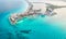 Aerial panoramic view of Cancun beach and hotel zone in Mexico. Caribbean coast landscape of Mexican resort. Riviera