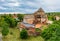 Aerial panoramic view about Castle of Simontornya with cloudy sky.