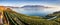 Aerial panoramic view of the city of Vevey at Lake Geneva with vineyards of famous Lavaux wine region on a beautiful sunny day.