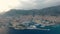 Aerial panoramic view of cityscape of Monte Carlo, yachts in harbour, landscape panorama of Monaco from above.