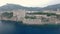 Aerial panoramic view of cityscape of Monte Carlo, yachts in harbour, landscape panorama of Monaco from above.