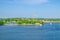 Aerial panoramic view of Djurgarden island and Tivoli carousel amusement attractions Grona Lund Luna Park