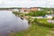 Aerial panoramic view of factory in city Inkeroinen at river Kymijoki, Finland