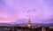Aerial panoramic view of famous Russian university campus in Moscow under dramatic sunset sky