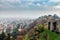 Aerial panoramic view on foggy Bergamo town in northern Italy