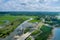 Aerial panoramic view harbour doc for many boat floating near freeway the ocean in USA