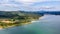 Aerial panoramic view at Henry Hagg Lake - an artificial lake in Washington county, Oregon.