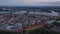 Aerial panoramic view of historic buildings, churches and tourist sights in old town district at dusk. Riga, Latvia