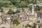 Aerial panoramic view of the historic center of Spoleto, Italy, with some roofs damaged by the earthquake