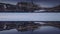 Aerial panoramic view of historic sights in old city district at dusk. Stockholm, Sweden. Abstract computer effect