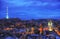 Aerial panoramic view of historical city center at night, Lviv, Ukraine. UNESCO world heritage site