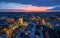 Aerial panoramic view of historical city center at twilight, Lviv, Ukraine. UNESCO world heritage site