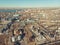 Aerial panoramic view of industrial factory or plant buildings with steel storage construction tanks and pipes