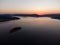 Aerial panoramic view of Island on a Batak Reservoir in sunrise, Rhodopa Mountains Bulgaria