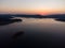 Aerial panoramic view of Island on a Batak Reservoir in sunrise, Rhodopa Mountains Bulgaria