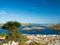Aerial panoramic view of islands in Croatia with many sailing yachts between, Kornati national park landscape in the Mediterranean
