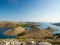 Aerial panoramic view of islands in Croatia with many sailing yachts between, Kornati national park landscape in the Mediterranean