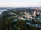 Aerial panoramic view of Kiev Pechersk Lavra churches and monastery on hills from above, cityscape of Kyiv city