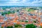Aerial panoramic view of Leiria city old historical centre with red tiled roofs buildings, Beira Litoral province