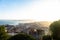 Aerial panoramic view of Lisbon, Portugal. Drone photo of the Lisbon old town skyline. Historical district at sunrise in capital