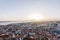 Aerial panoramic view of Lisbon, Portugal. Drone photo of the Lisbon old town skyline. Historical district at sunrise in capital