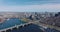 Aerial panoramic view of Longfellow Bridge over Charles river, busy multilane road on waterfront and high rise buildings