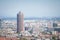 Aerial panoramic view of Lyon with the the iconic skyscraper of Le Crayon visible in front, a business high rise & Radisson hotel