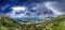 Aerial panoramic view of Mahe coastline and Eden Island with storm approaching, Seychelles